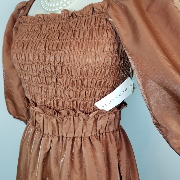 Moon River Copper A Line Midi Dress Smocked Bodice Puff Sleeves Medium NEWw/Tags - Picture 5 of 10